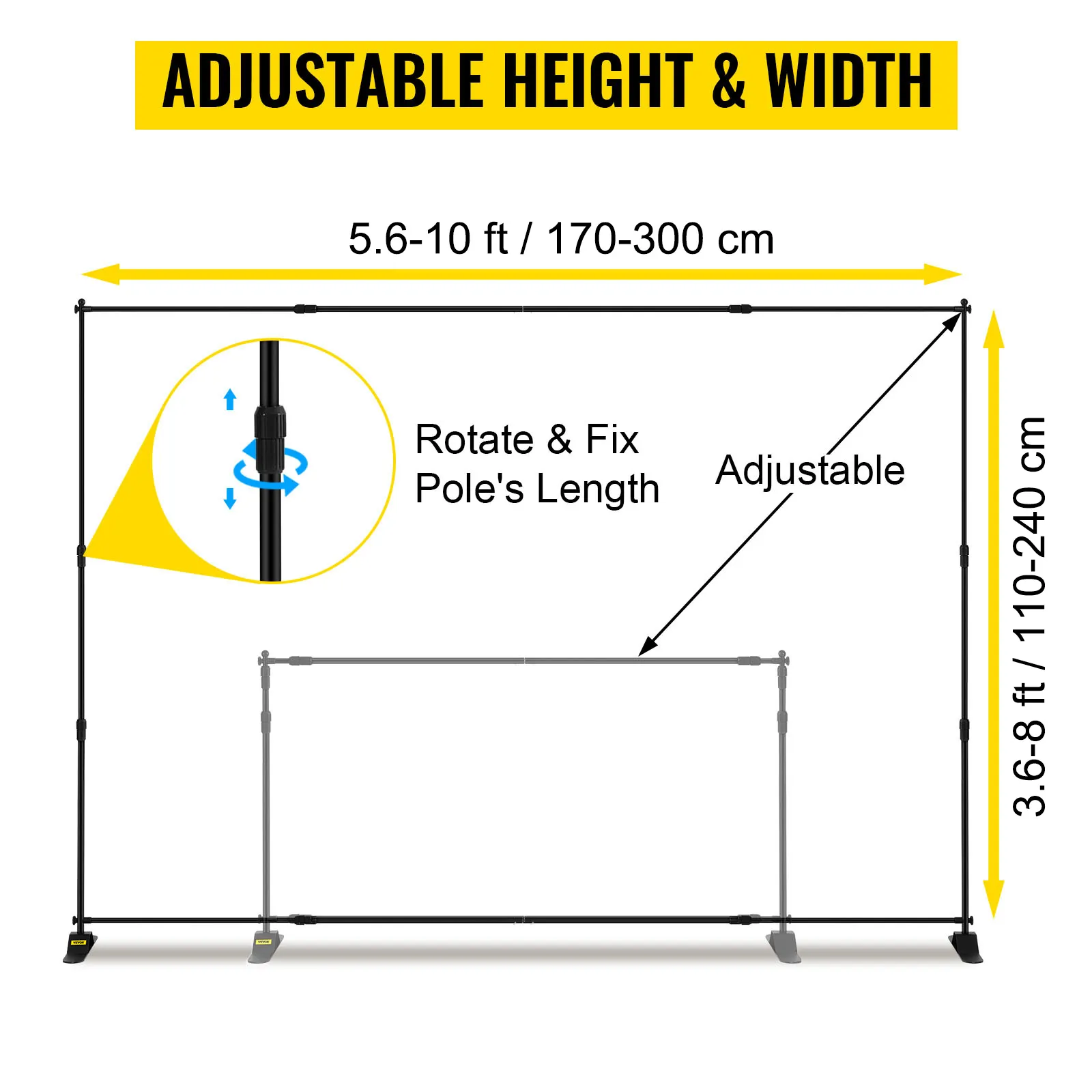 adjustable VEVOR backdrop banner stand with height and width ranging 3.6-10 ft.