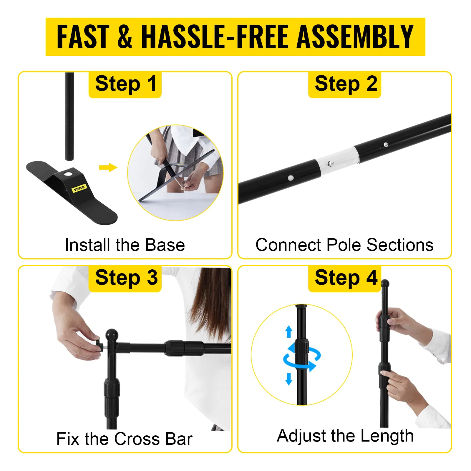 fast assembly steps for the VEVOR backdrop banner stand assembly: install base, connect poles.