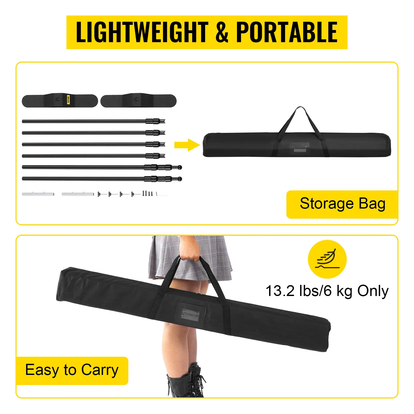 VEVOR backdrop banner stand, lightweight and portable with storage bag, easy to carry.