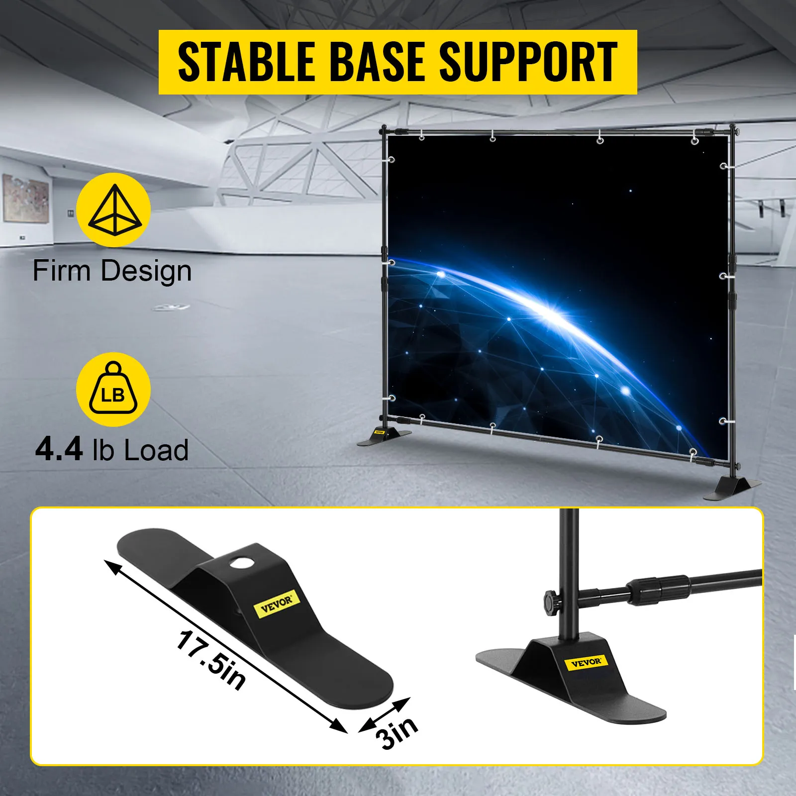 VEVOR backdrop banner stand with stable base support, firm design, and 4.4 lb load capacity.