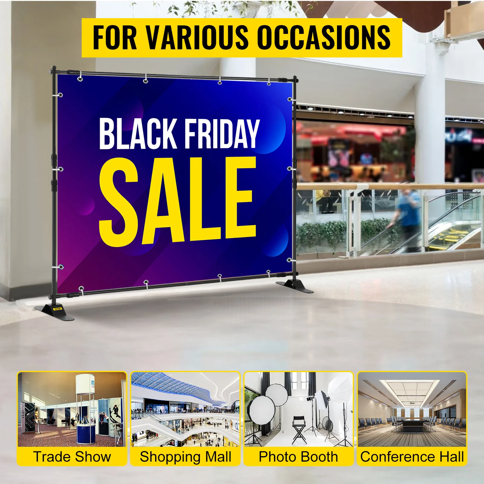 VEVOR backdrop banner stand for black friday sale in various settings.