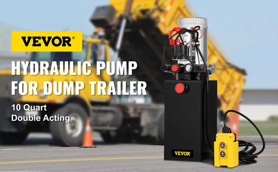 VEVOR hydraulic power unit beside a dump trailer with raised yellow bed.