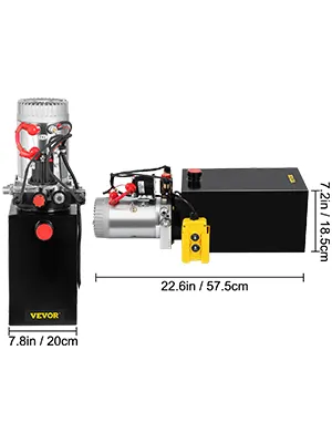 VEVOR hydraulic power unit with dimensions 22.6in x 7.8in x 7.2in.