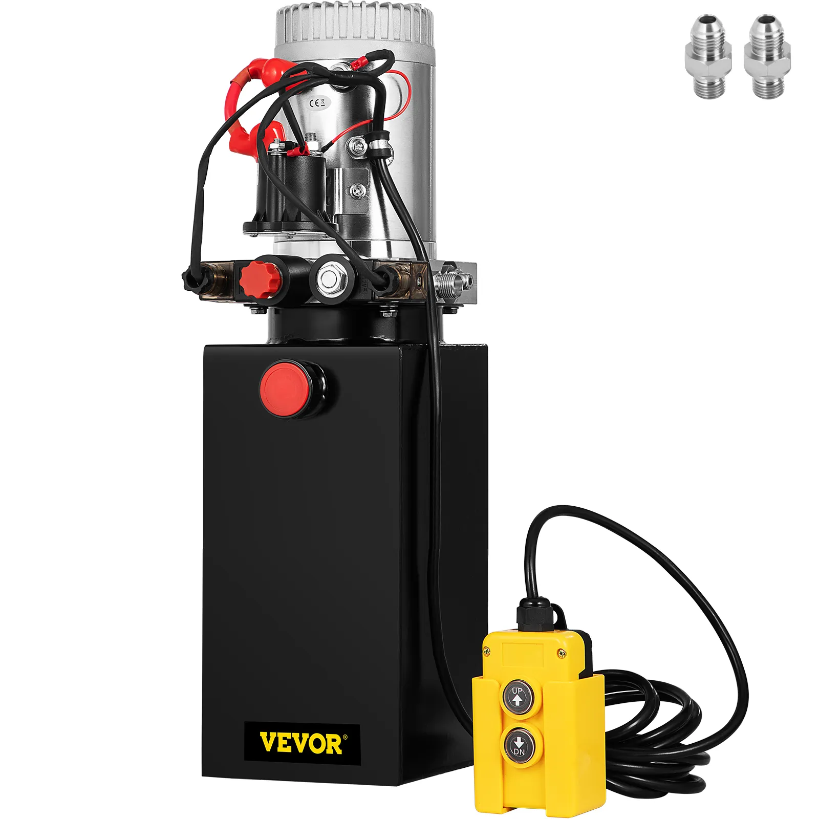 VEVOR hydraulic power unit with black reservoir, yellow remote, and two connectors.