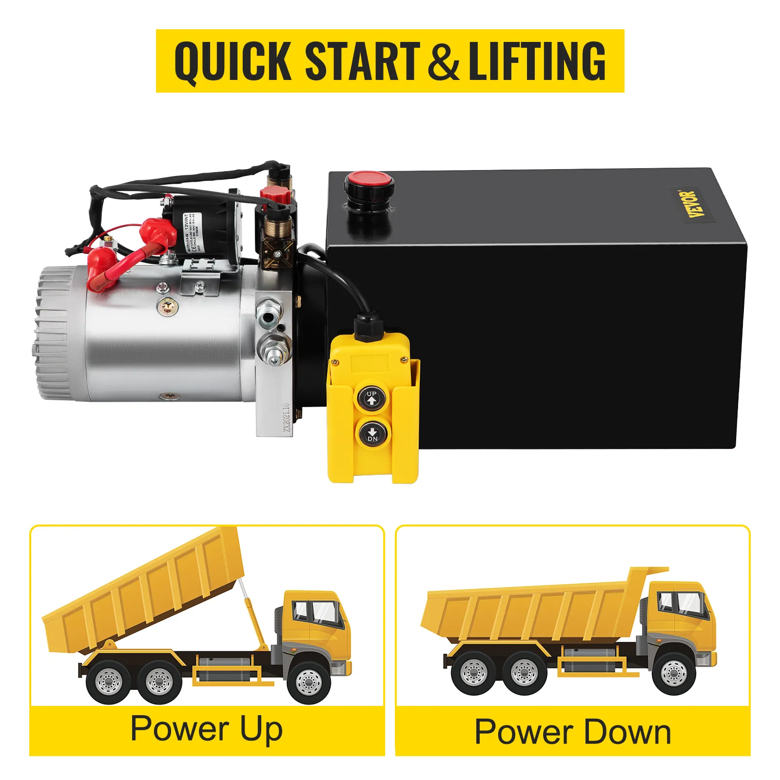VEVOR hydraulic power unit for quick start and lifting with power up and down controls.