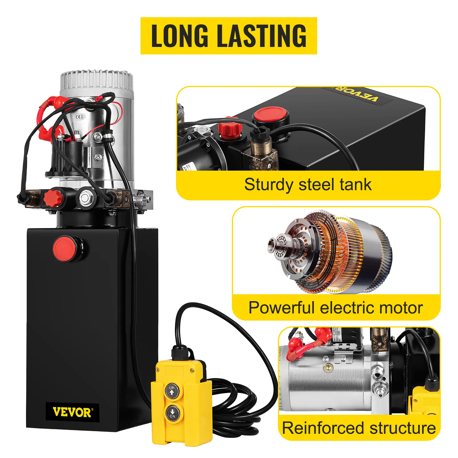 VEVOR hydraulic power unit with sturdy steel tank, powerful motor, and reinforced structure.