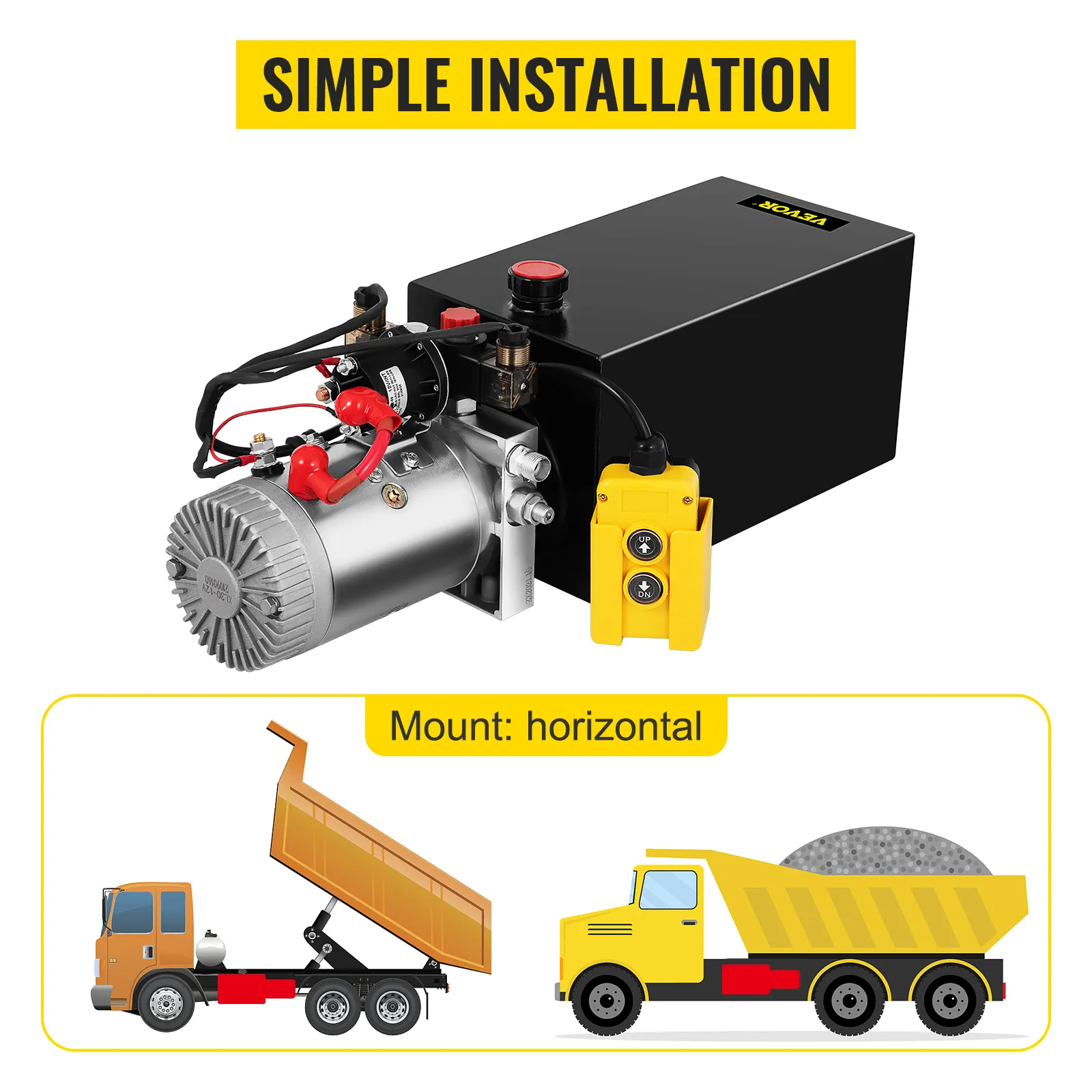 VEVOR hydraulic power unit with simple installation, horizontal mount for truck use.