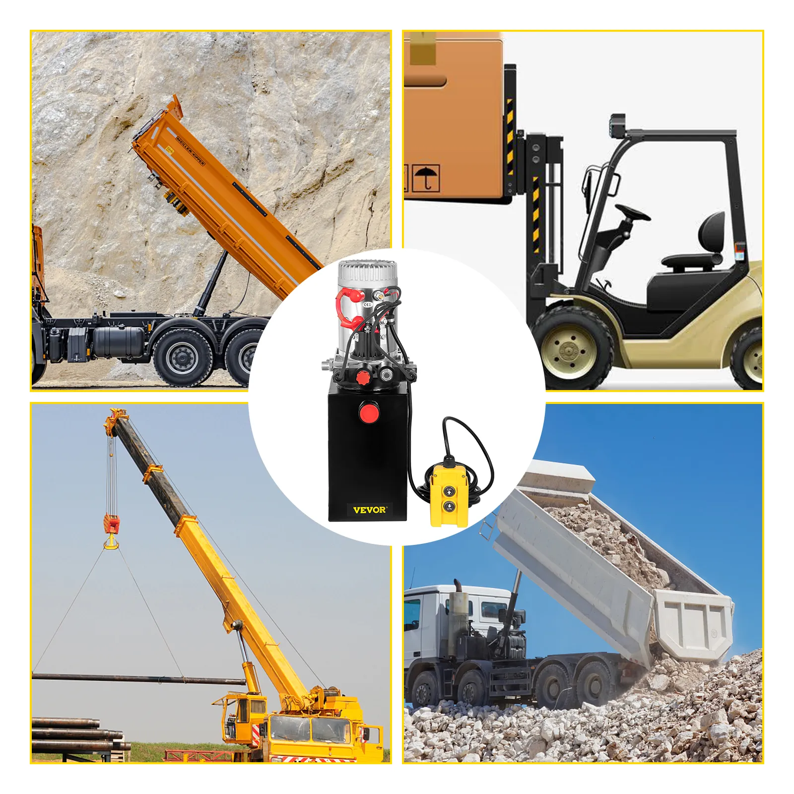 heavy machinery utilizing the VEVOR hydraulic power unit: dump truck, forklift, crane, truck.