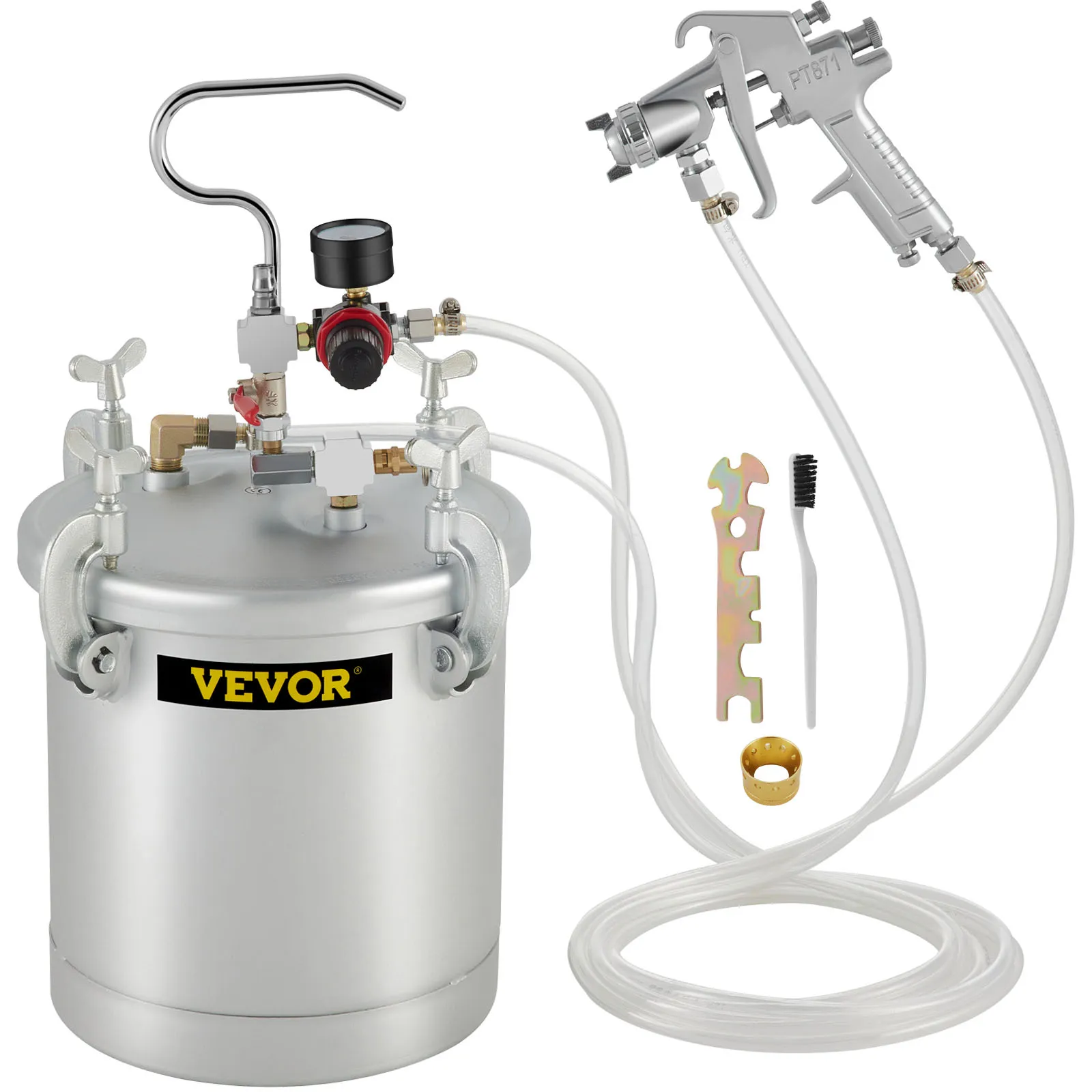 VEVOR paint tank with spray gun, hoses, gauge, and accessories.