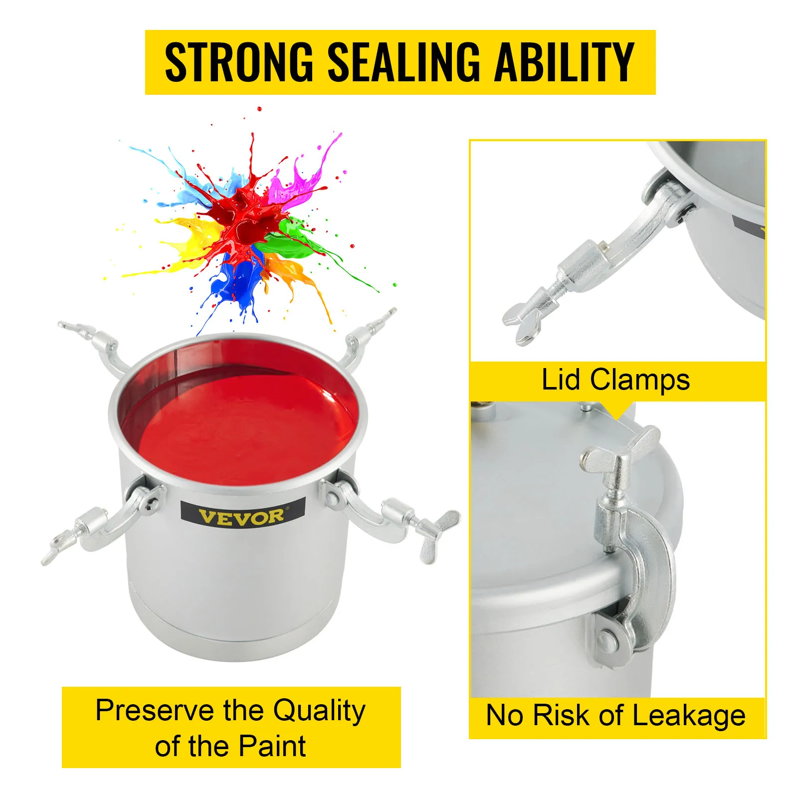 VEVOR paint tank with lid clamps ensures no risk of leakage, preserving paint quality.