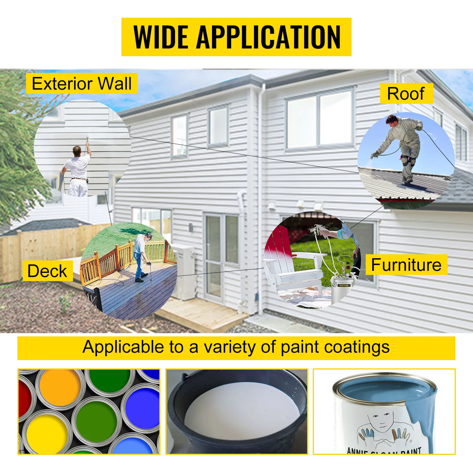 VEVOR paint tank: wide application for exterior walls, roofs, decks, and furniture.
