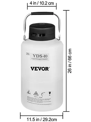 VEVOR liquid nitrogen container yds-10, 26 in height, 11.5 in diameter, handle on top.