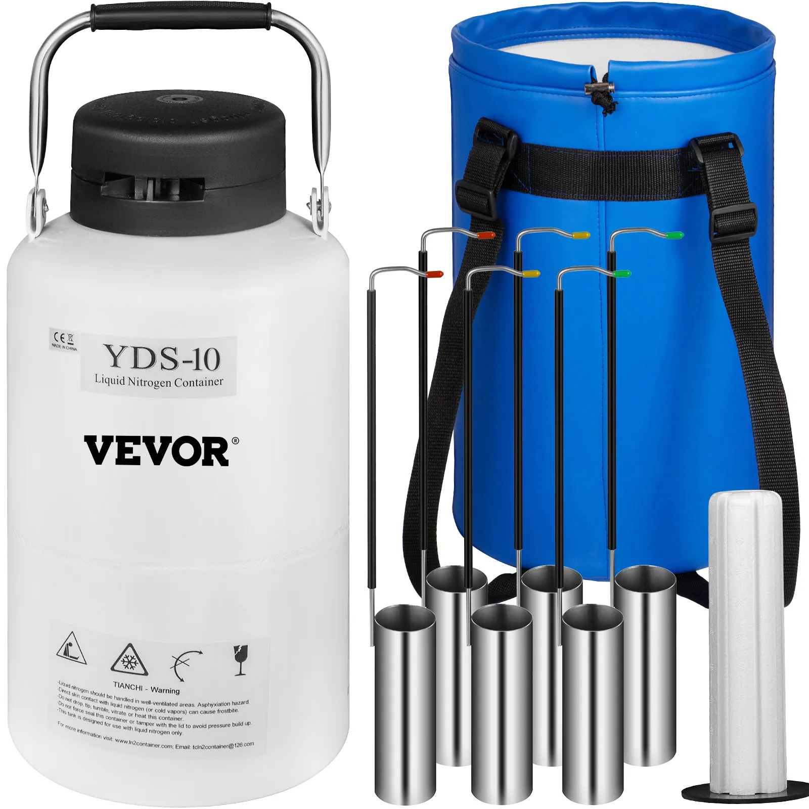 VEVOR liquid nitrogen container with accessories and blue carrying bag.