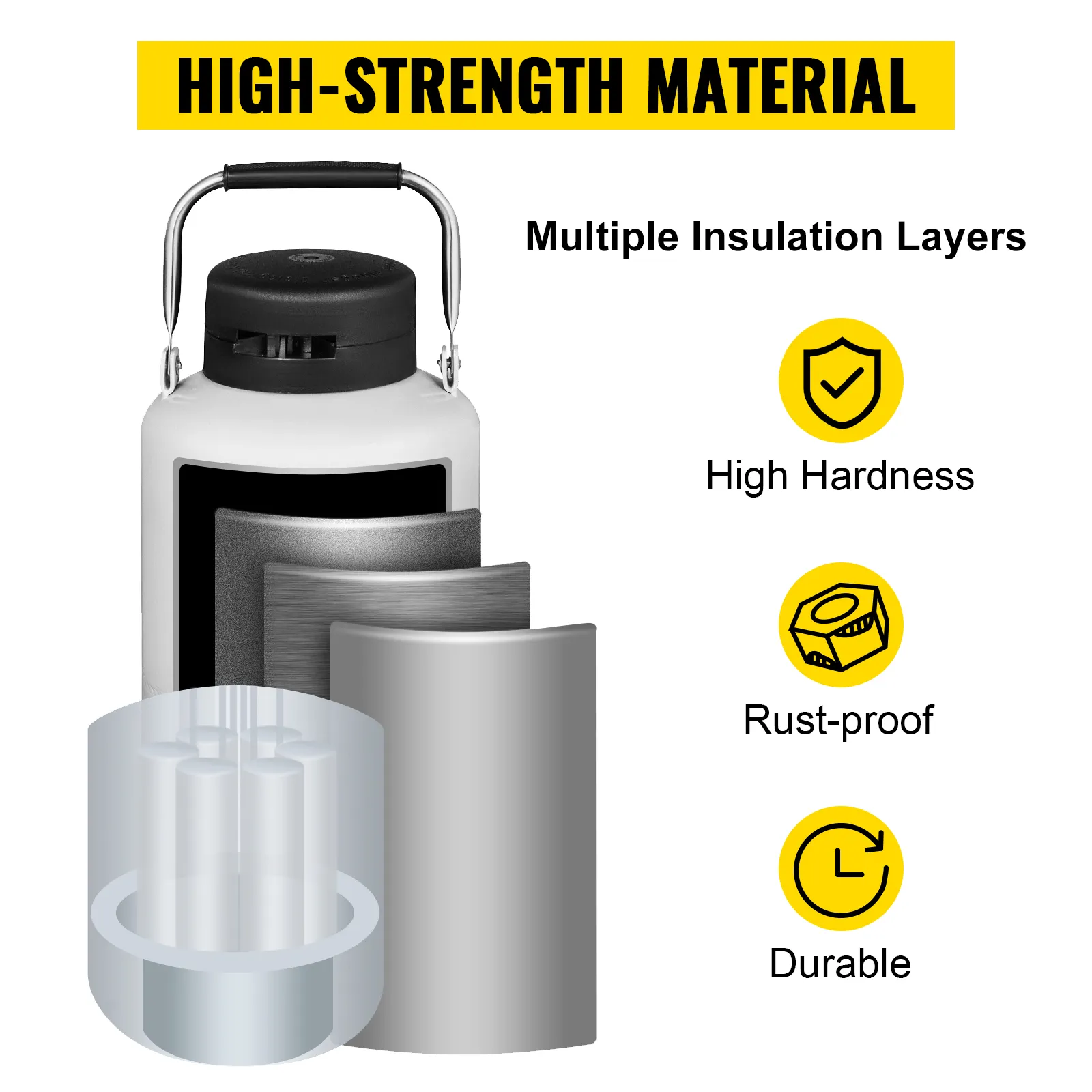 VEVOR liquid nitrogen container with high-strength, rust-proof, and durable materials.