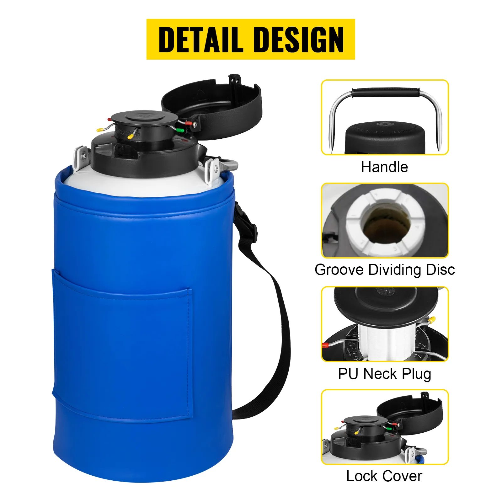 VEVOR liquid nitrogen container with handle, groove dividing disc, pu neck plug, and lock cover.