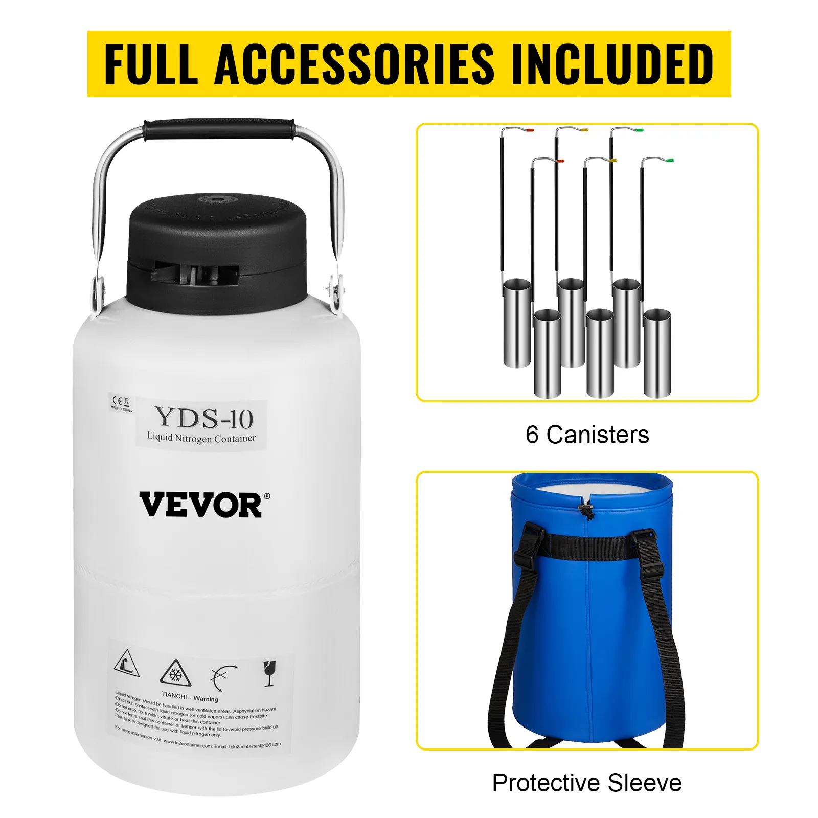 VEVOR liquid nitrogen container includes 6 canisters and a protective sleeve.