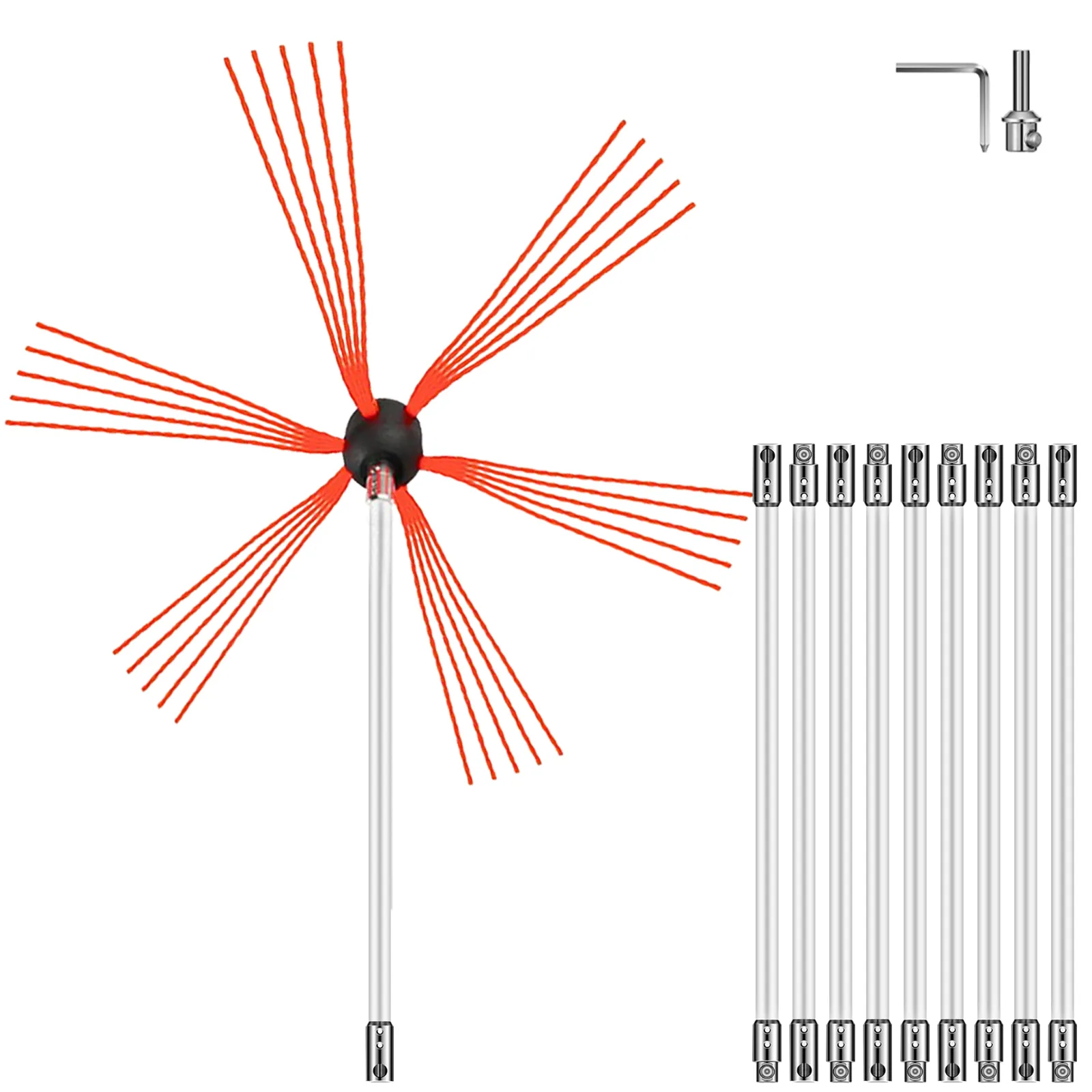 VEVOR chimney sweep kit with red brush, extension rods, and hex key.