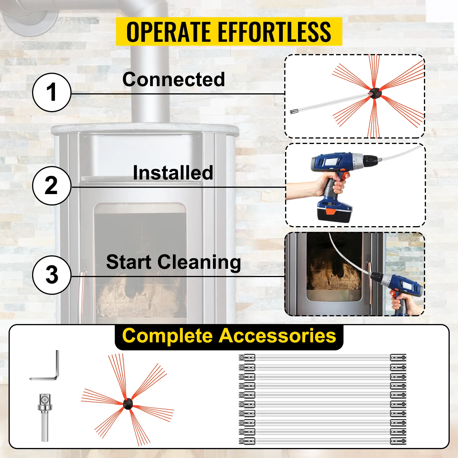 VEVOR chimney sweep kit guide with steps to connect, install, and clean, plus accessories.