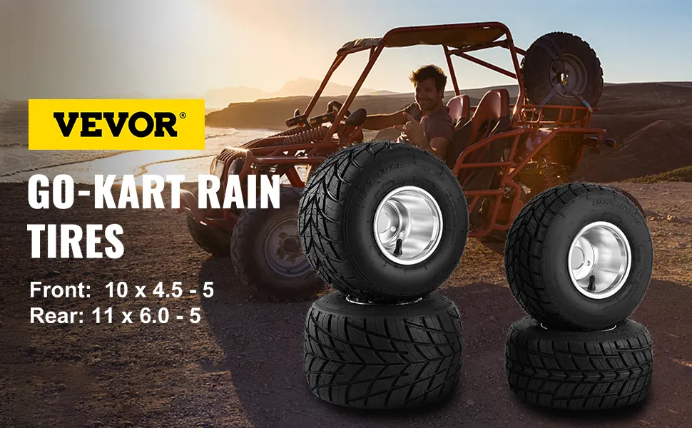 Neumáticos de kart VEVOR, delanteros 10x4.5-5, traseros 11x6.0-5, mostrados cerca de un kart todoterreno.