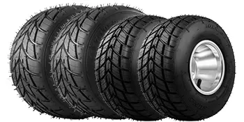 Cuatro neumáticos de kart VEVOR negros alineados, con patrones de banda de rodadura gruesos para carreras.