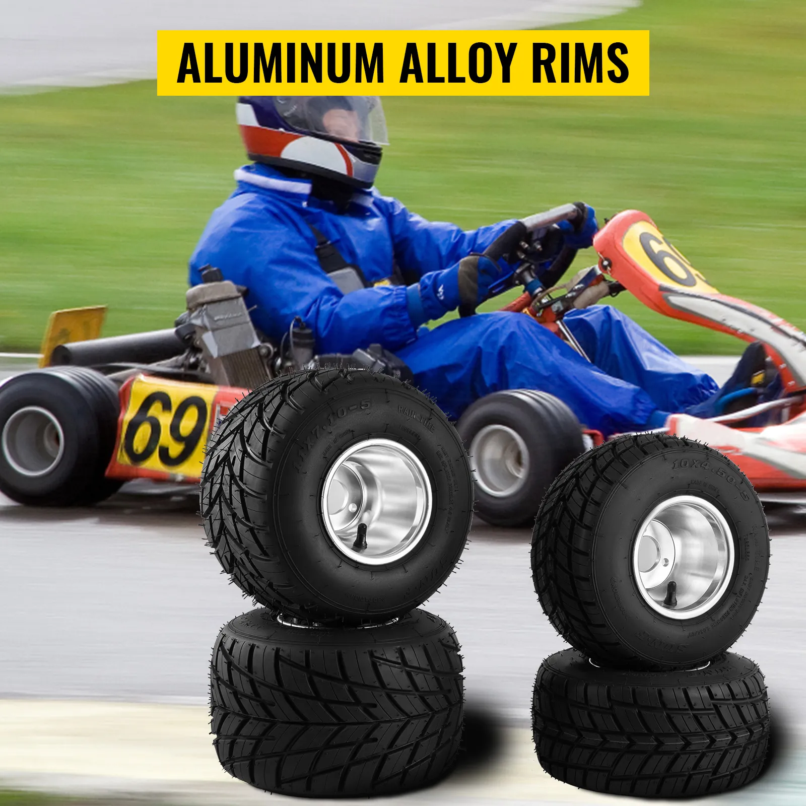 Corredor de karts con neumáticos de kart VEVOR sobre llantas de aleación de aluminio.