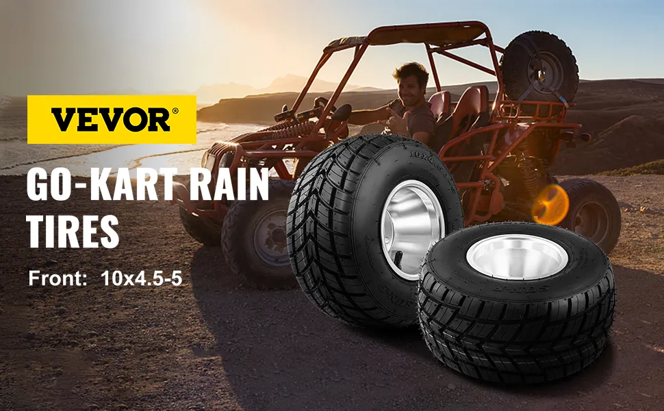 VEVOR go kart tires displayed with a go-kart in a scenic desert background at sunset.