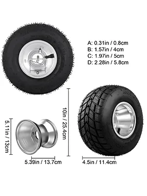 VEVOR go kart tires with measurement details and close-up views of tread and rims.