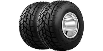two black VEVOR go kart tires with rugged treads and shiny silver rims side by side.