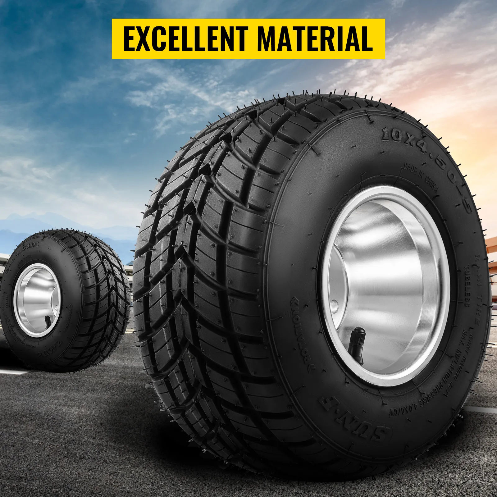 VEVOR go kart tires on asphalt with text "excellent material" against a sky backdrop