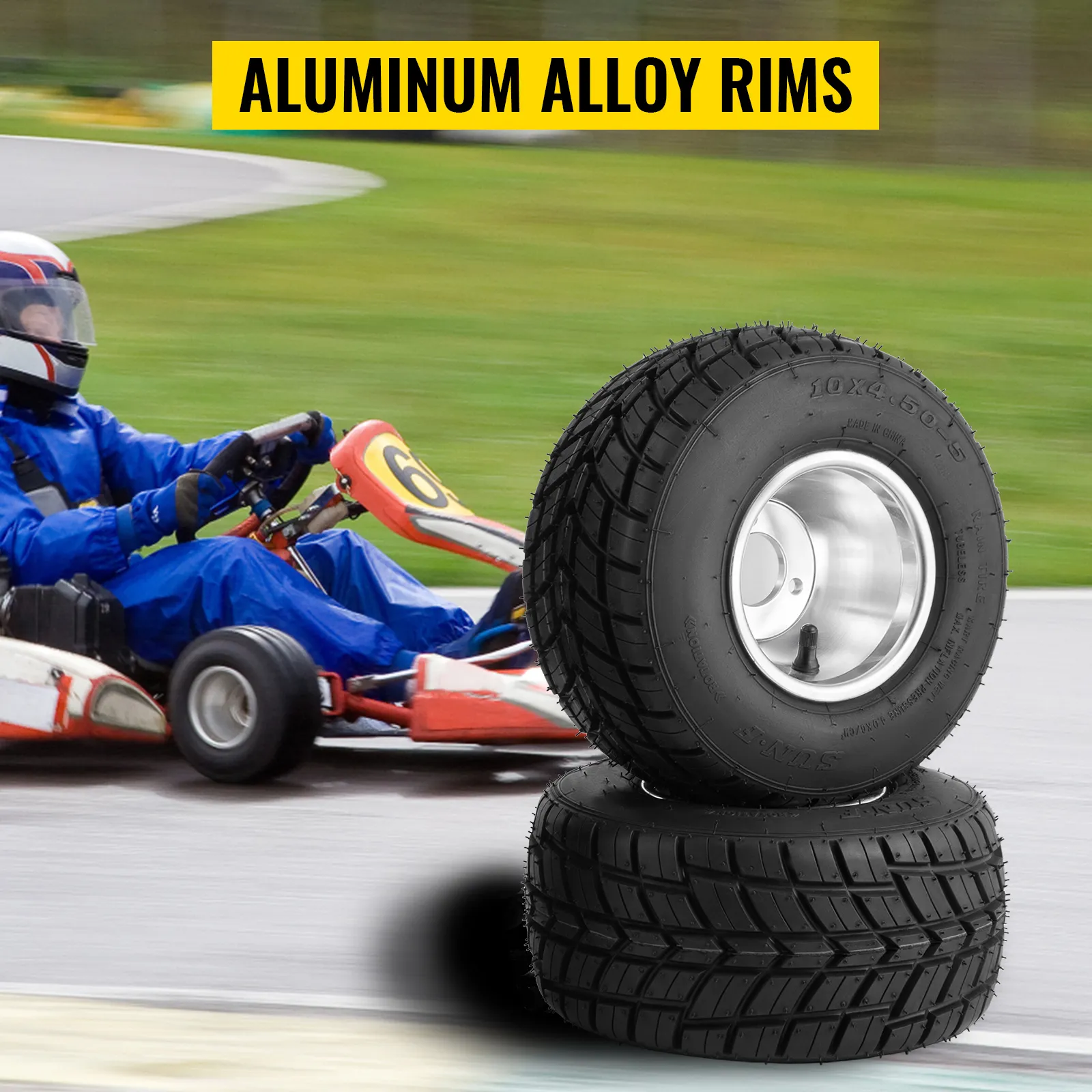 VEVOR go kart tires with aluminum alloy rims beside go-kart racer on the track.