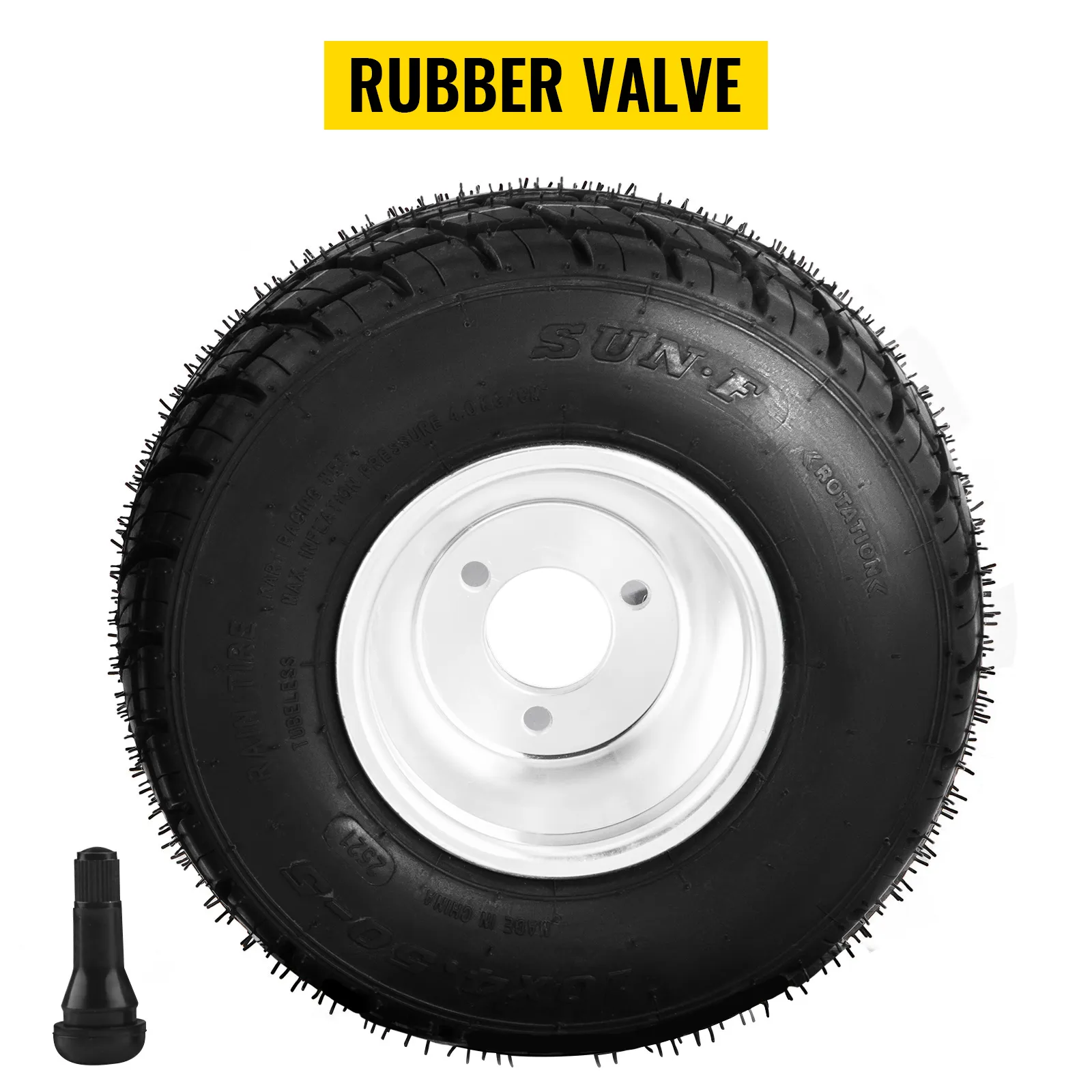 VEVOR go kart tires with rubber valve and white rim, sun-f branding visible.