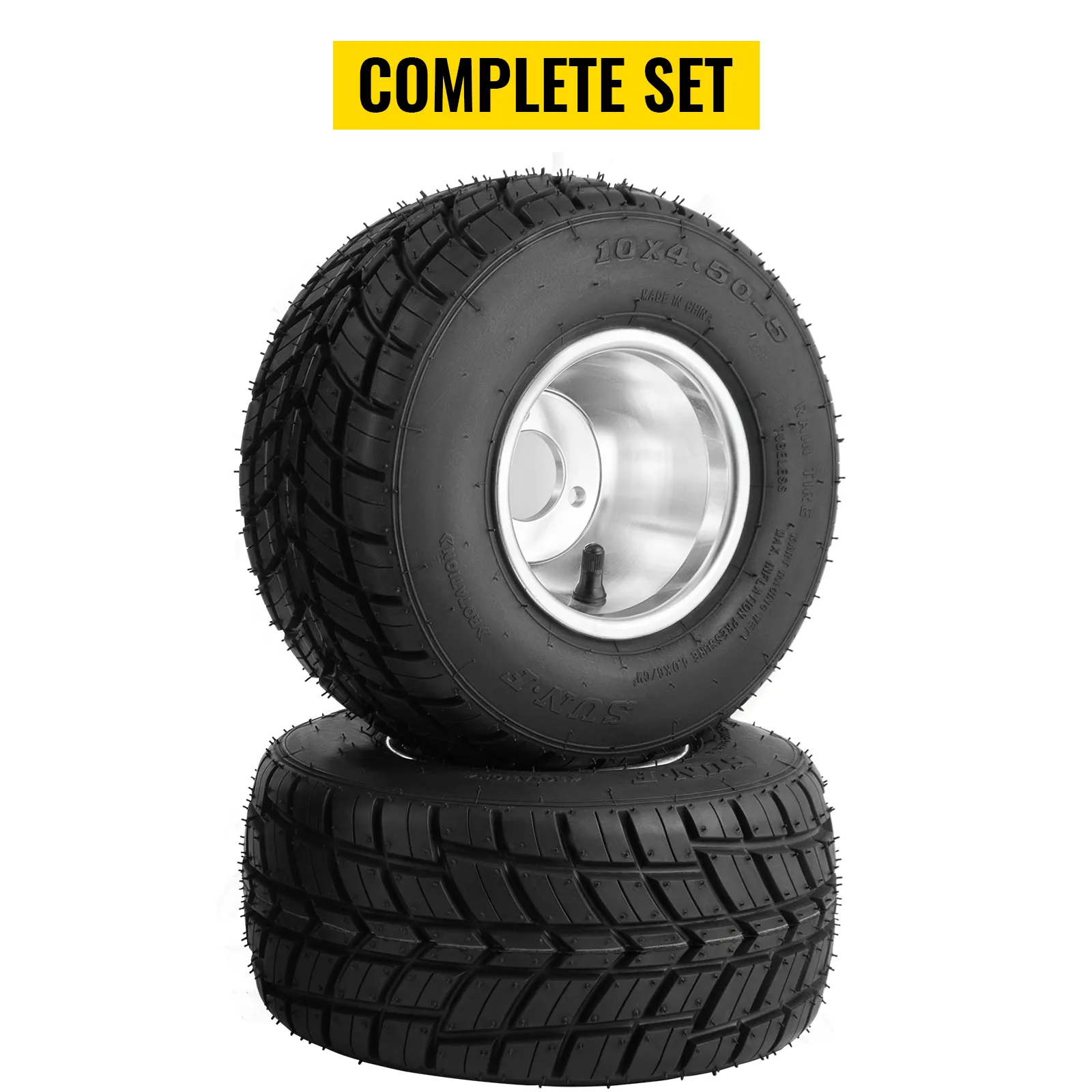 two stacked VEVOR go kart tires with rims under a "complete set" sign.