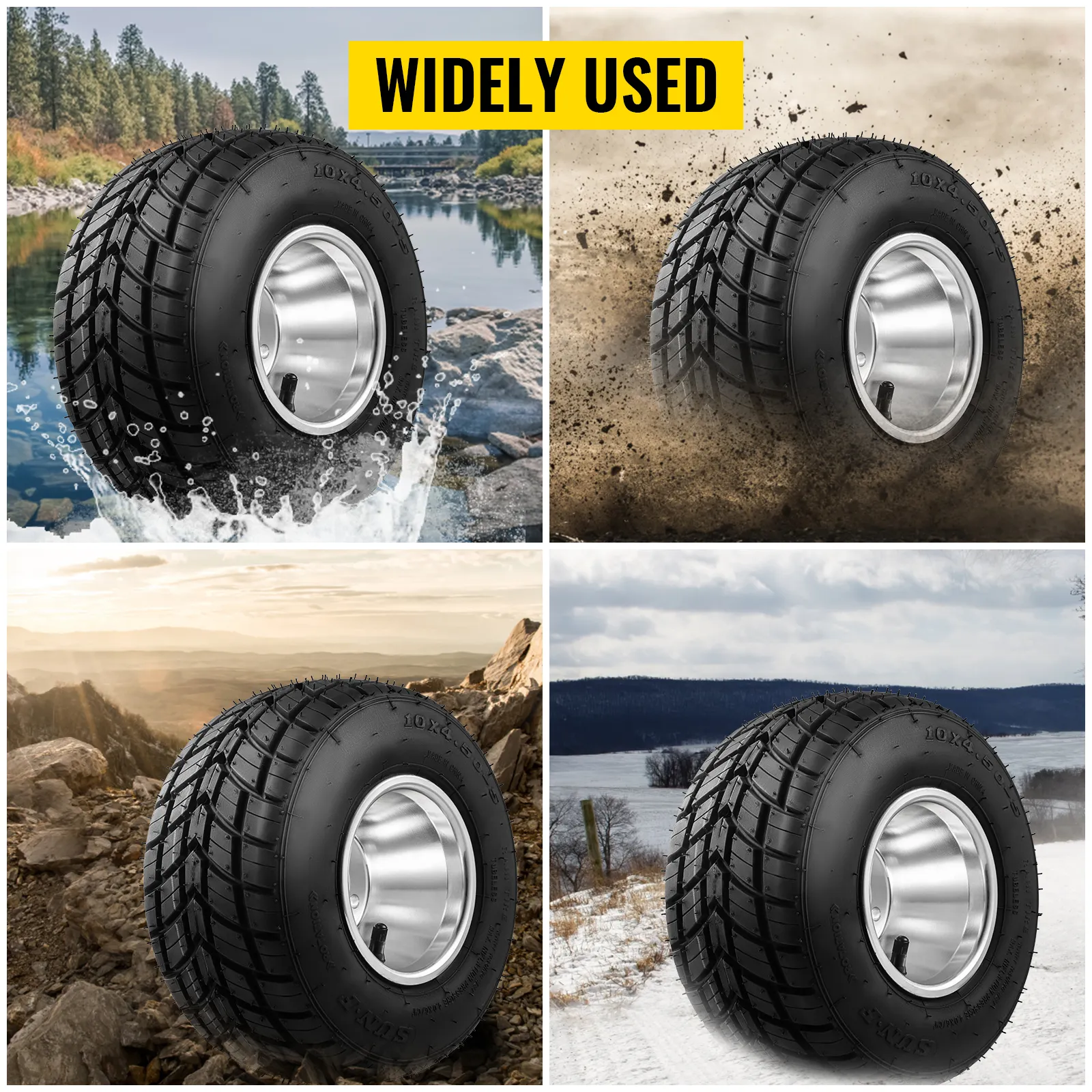 VEVOR go kart tires for all terrains: wet, mud, rocks, and snow; widely used.