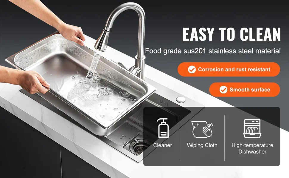 VEVOR hotel pan being washed under a faucet in a stainless steel sink, showcasing easy cleaning features.