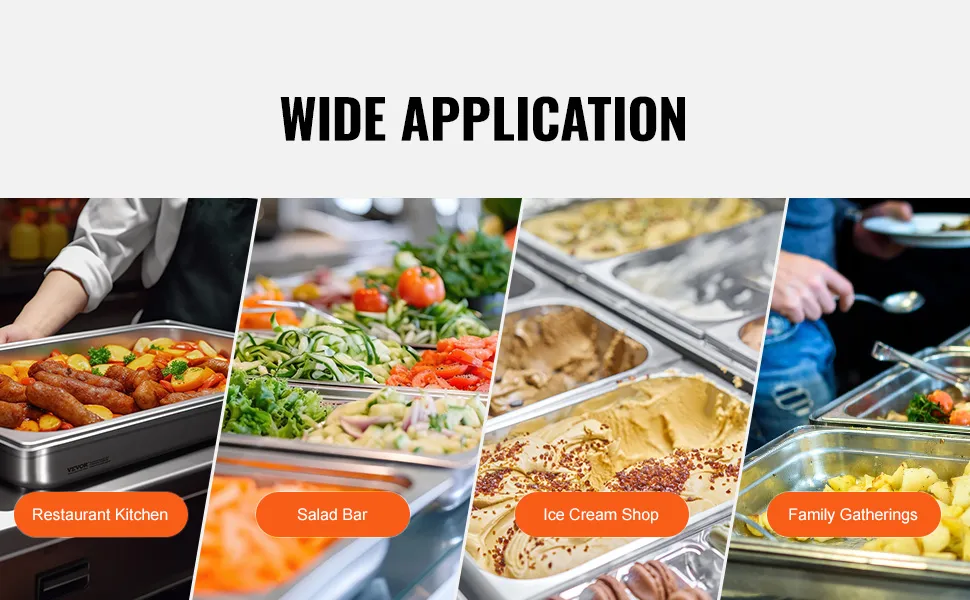 VEVOR hotel pan used in restaurant kitchens, salad bars, ice cream shops, and family gatherings.