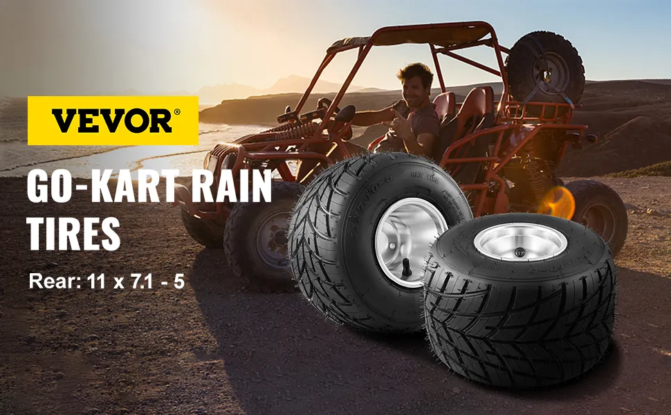VEVOR go kart tires and rims next to an off-road vehicle at sunset.