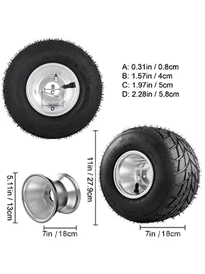 VEVOR go kart tires and rims with dimensions and close-up views shown.