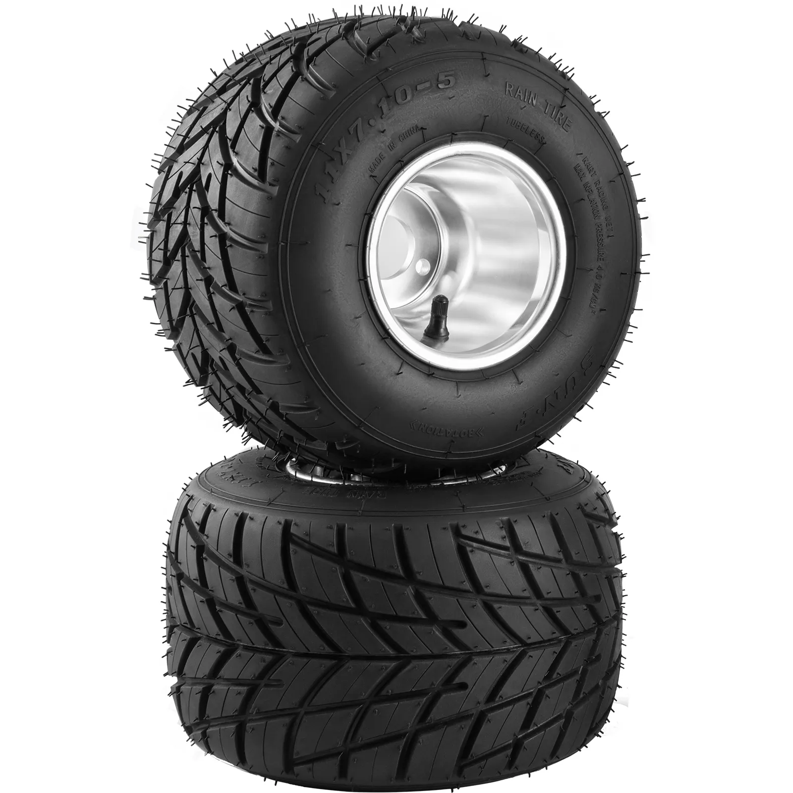 black VEVOR go kart tires and rims with aggressive tread pattern, stacked vertically.