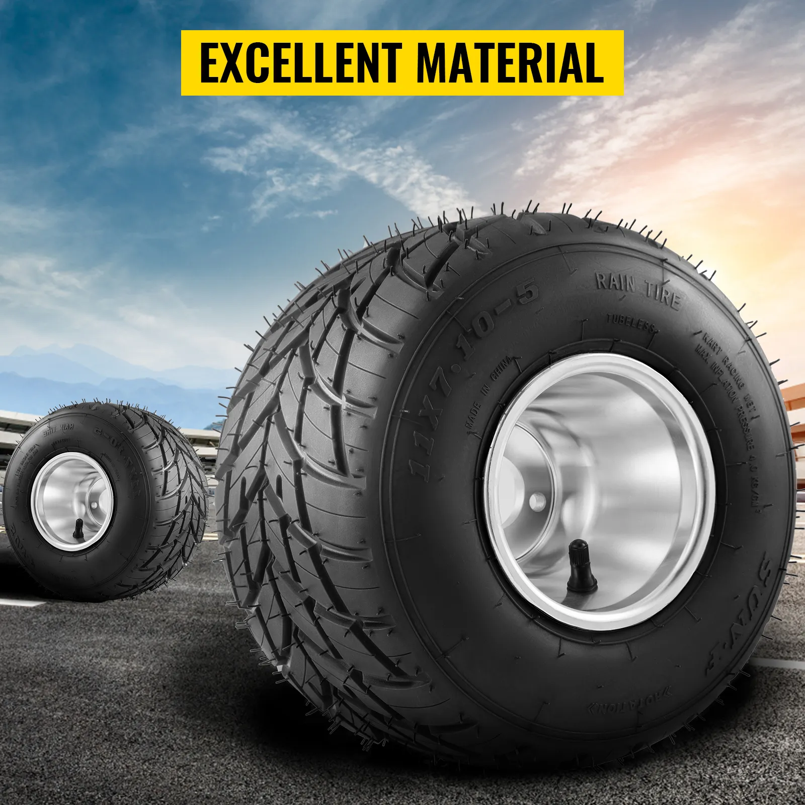 VEVOR go kart tires and rims with durable tread and metal rims against a sky backdrop