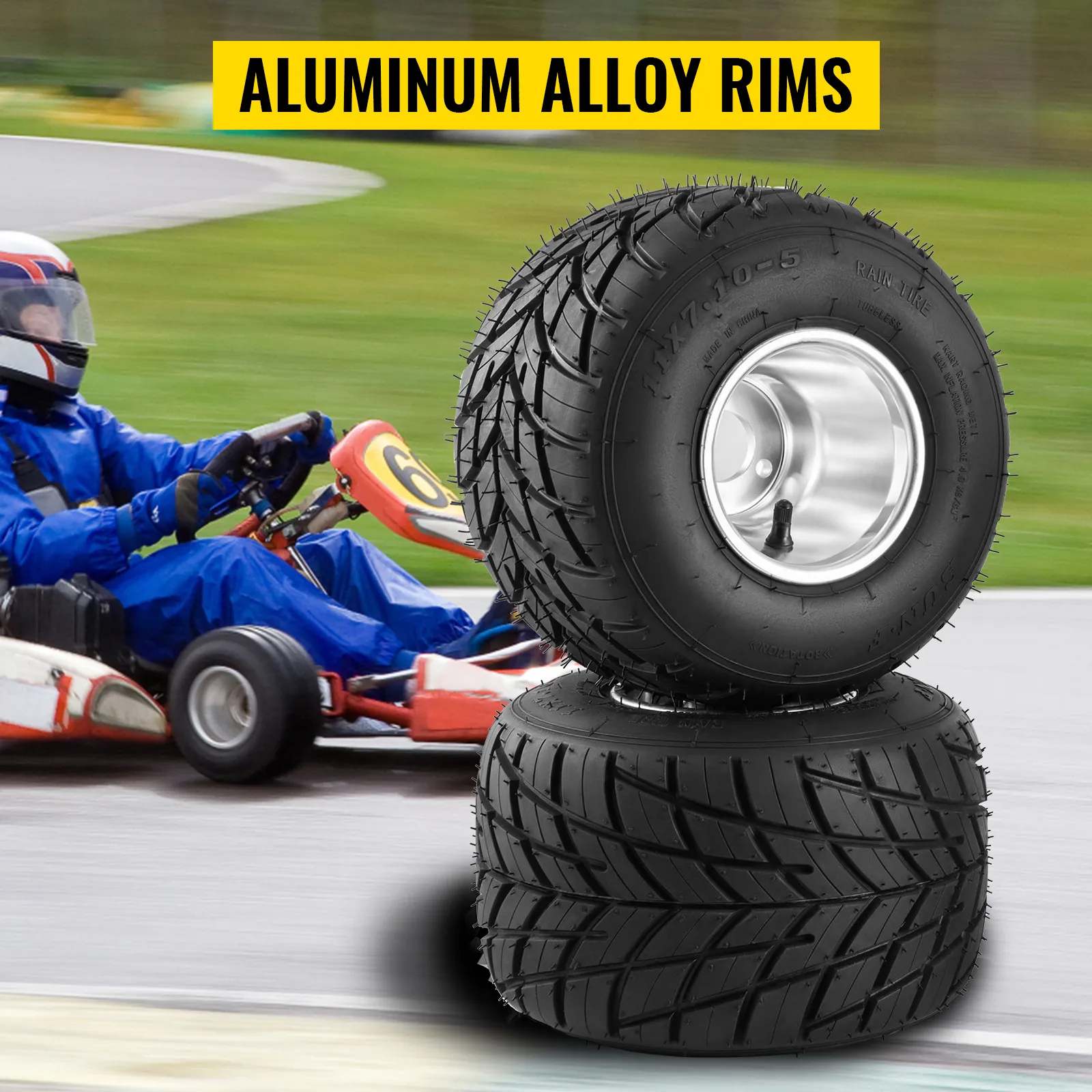 VEVOR go kart tires and rims with aluminum alloy rims beside a racing go-kart.