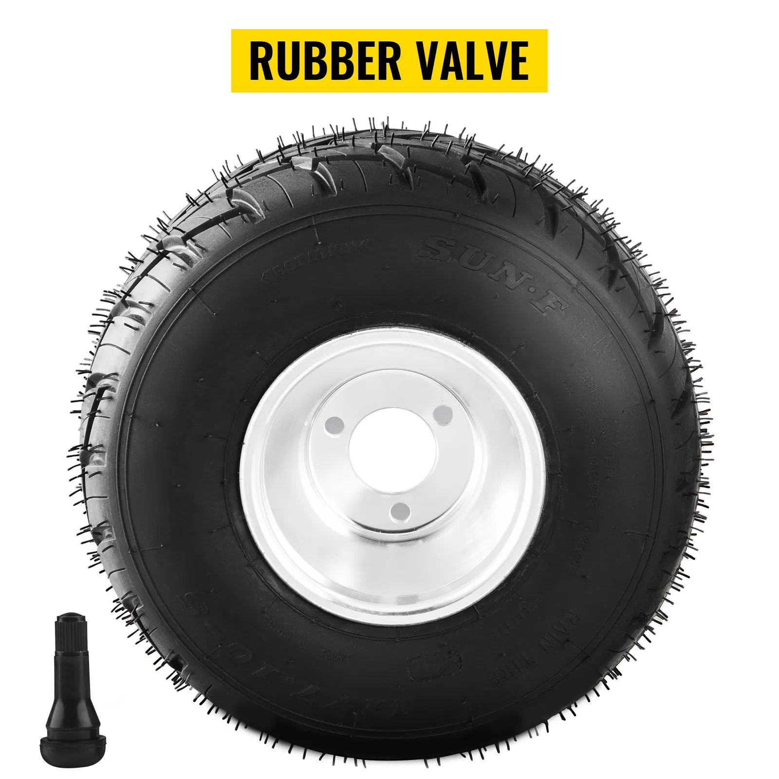 VEVOR go kart tires and rims featuring rubber valve and silver hub.