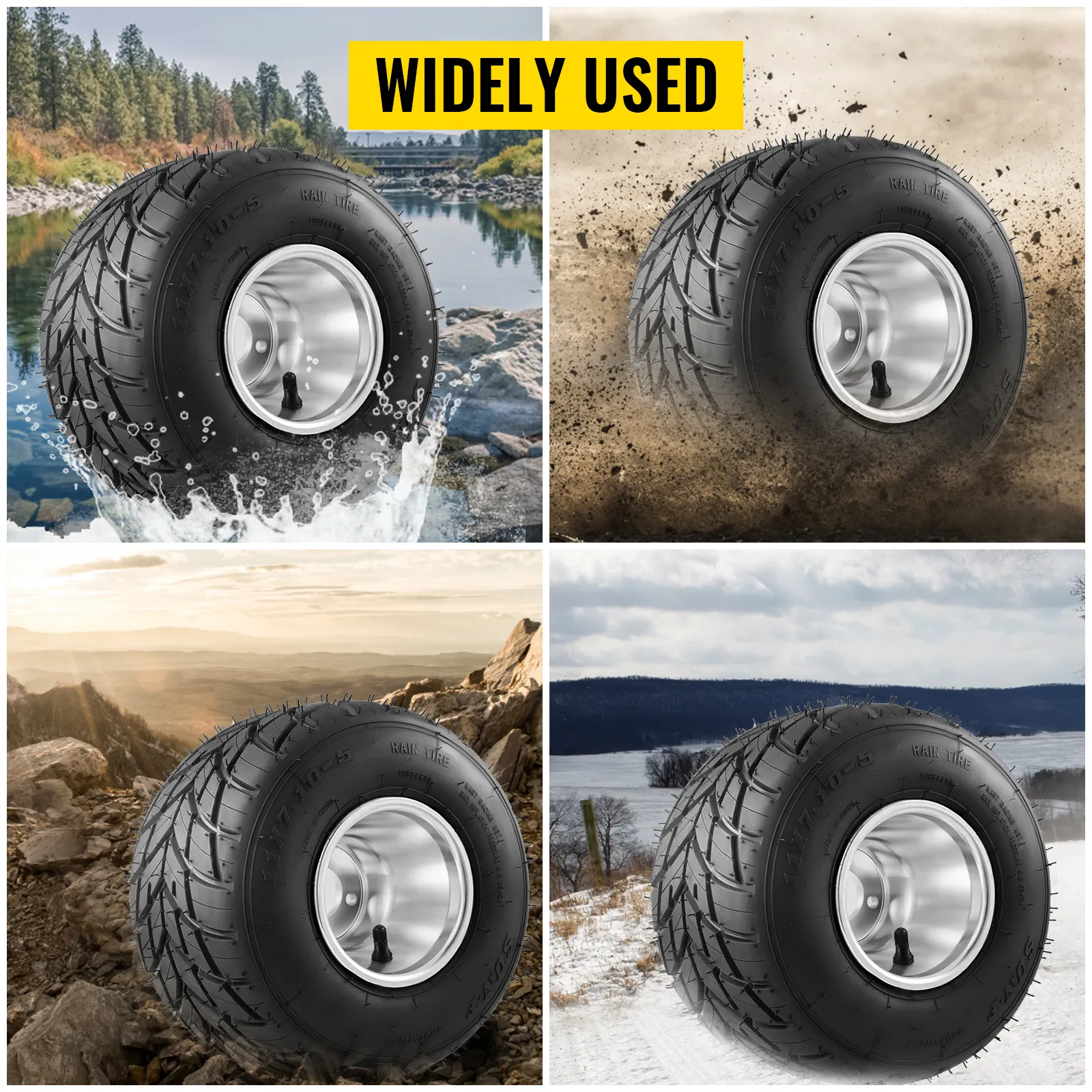 VEVOR go kart tires and rims in water, dirt, rocky, and snowy terrains. widely used.