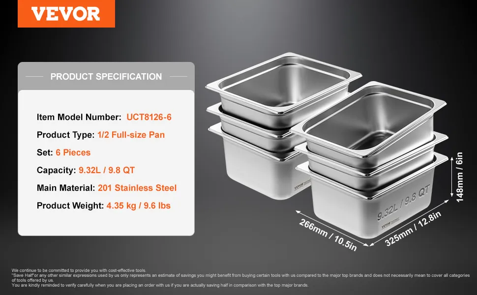 VEVOR hotel pans specifications: 6 pieces, 201 stainless steel, 9.32l capacity, 4.35 kg weight.