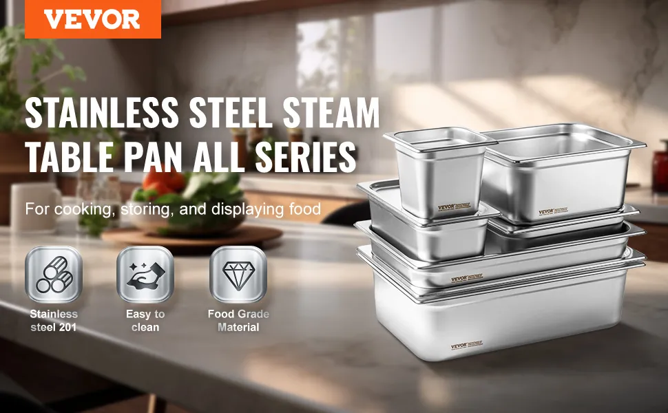 VEVOR hotel pans of various sizes stacked on a kitchen counter, promoting cooking and storing food.
