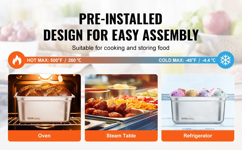 VEVOR hotel pans for oven, steam table, and refrigerator, suitable for cooking and storing food.