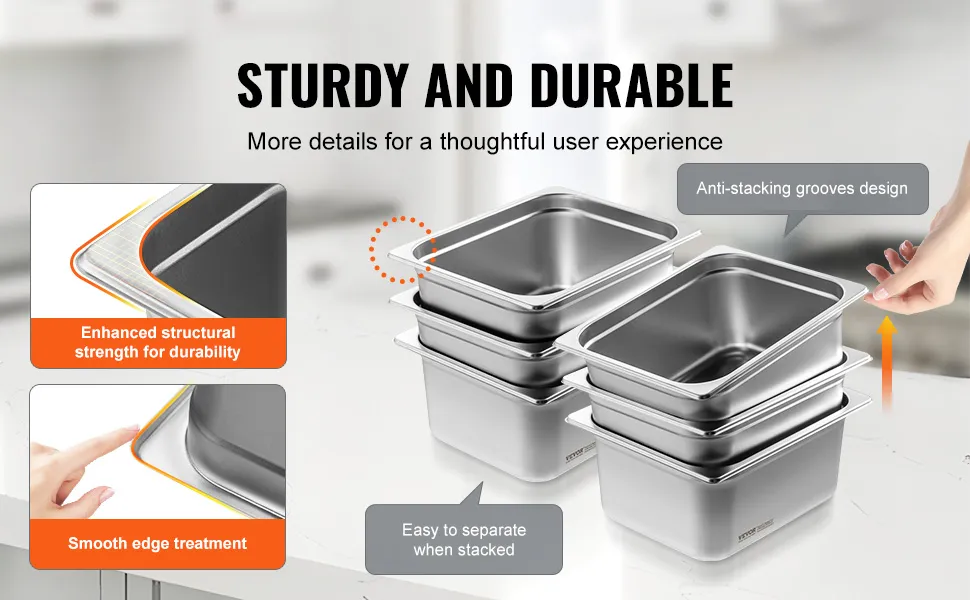 VEVOR hotel pans with enhanced structural strength, smooth edges, and anti-stacking grooves design.