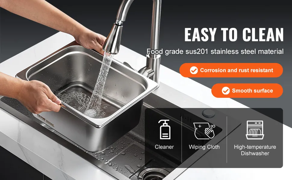 hands washing VEVOR hotel pan, showcasing corrosion-resistant sus201 stainless steel and easy-to-clean surface.