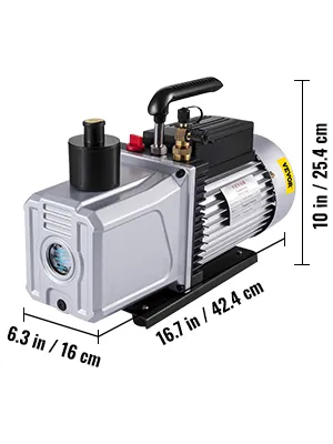 Bomba de vacío VEVOR 12cfm con dimensiones: 16,7x6,3x10 pulgadas (42,4x16x25,4 cm).
