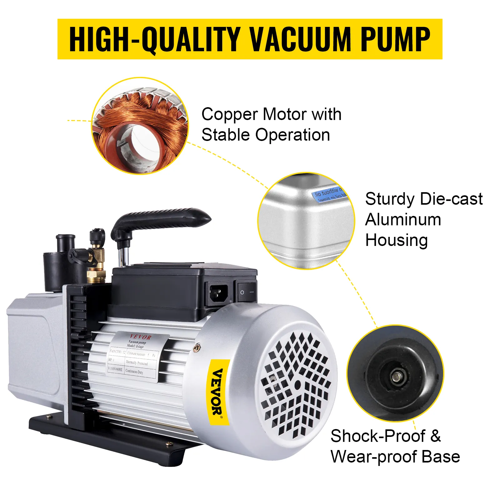 Bomba de vacío VEVOR de 12 cfm con motor de cobre, carcasa de aluminio fundido a presión y base a prueba de golpes.