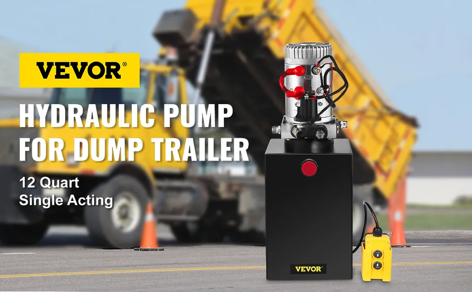 Bomba hidráulica VEVOR para remolque volquete, 12 cuartos, de simple efecto, delante de un camión volquete.